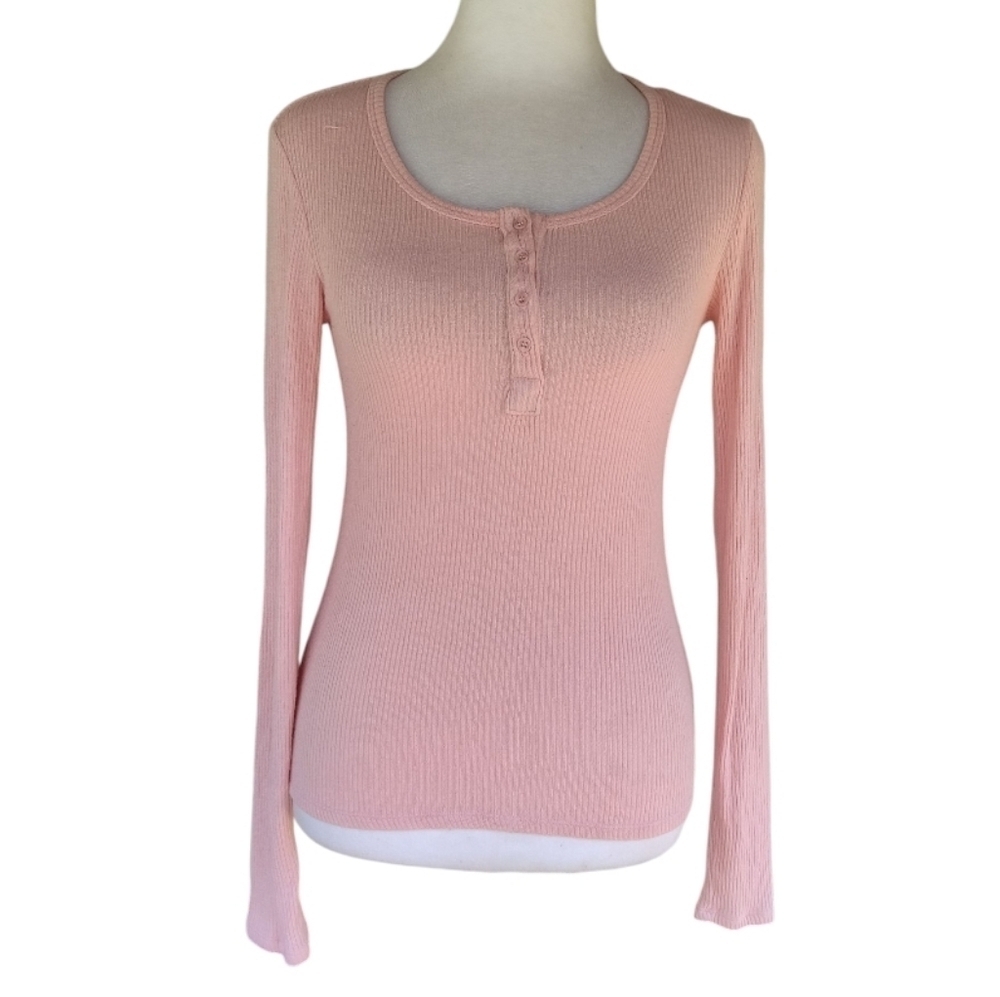 Revolve Sablyn Pink Pullover Ribbed Henley Button Up Top Size Small